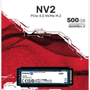 Kingston SSD NV2, Capacidad: 500 GB, Factor de Forma: M.2 2280, Interfaz: NVMe PCIe Gen 4.0 x 4 Carriles, Lectura: 3500MB/s y Escritura: 2100MB/s